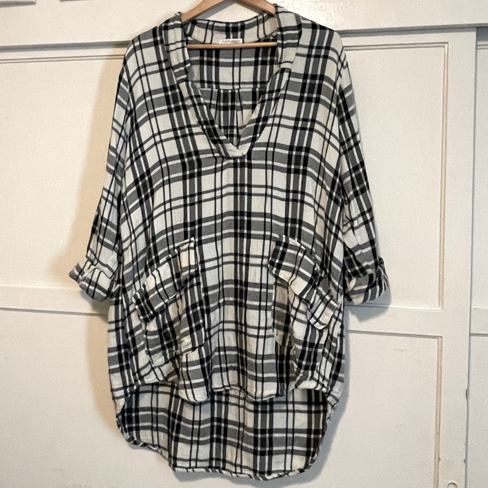 Free People CP Shades Shirtdress Black White Plaid Long Sleeved Oversized small